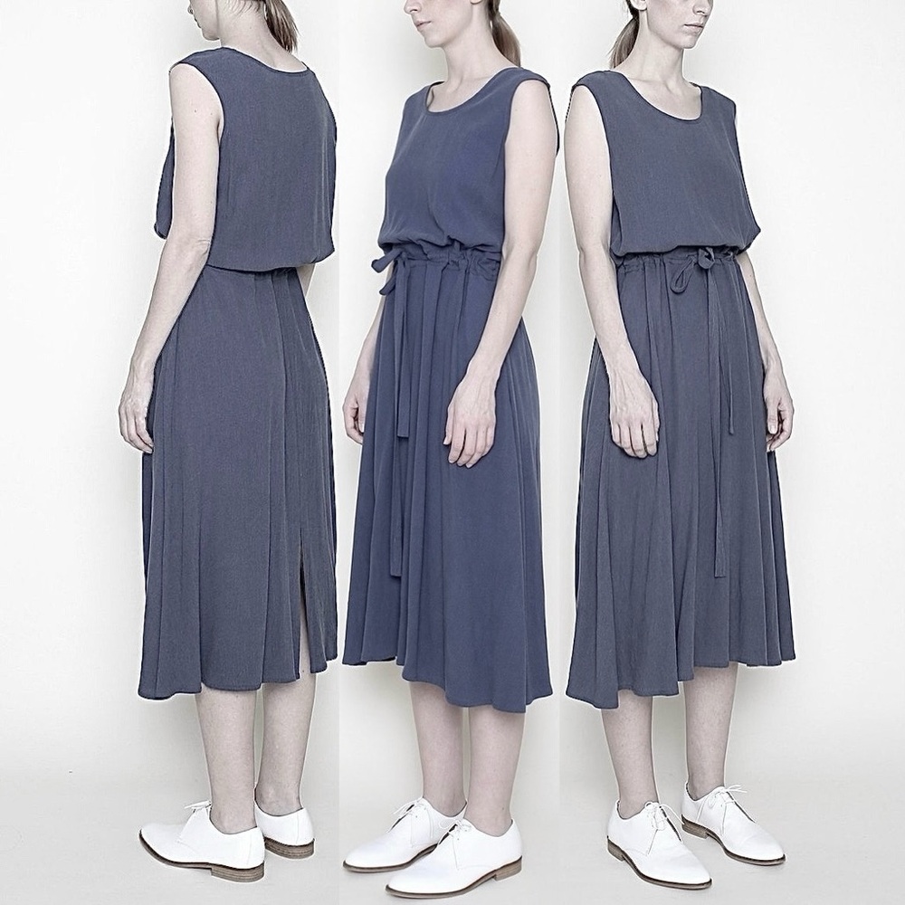 7115 by Szeki Dress Midi Sleeveless Tank Blouson Maxi Tencel Rayon Grey Black L